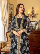 Arab Dubai Galabia Muslim Women Sets Black Sleeveless Under Dress And Gold Tape Belted Embroidery Sequins Kimono Abayas